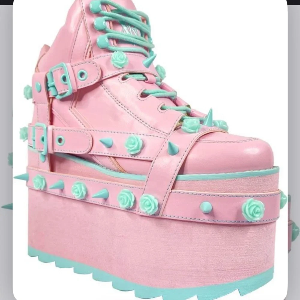 YRU Qozmo Bondage Rose Spike Platform Sneakers Pink and Blue - Picture 1 of 11